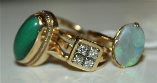 Opal ring, 18ct gold setting; 9ct gold & malachite ring & a four-stone diamond 18ct gold square-set ring